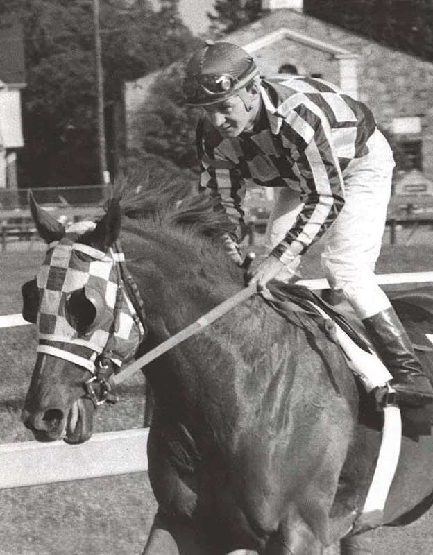 Secretariat wearing Meadow Stable's checkered blinkers with jockey Ron Turcotte after the 1973 Preakness Stakes.